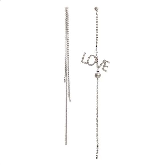 NEW Silver Rhinestone Dangling Long Graphic Love Post Earrings - Picture 2 of 4